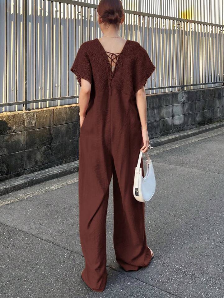 CM-JS624211 Women Trendy Bohemian Style V-Neck With Drawstring Jumpsuit Trousers - Redwood