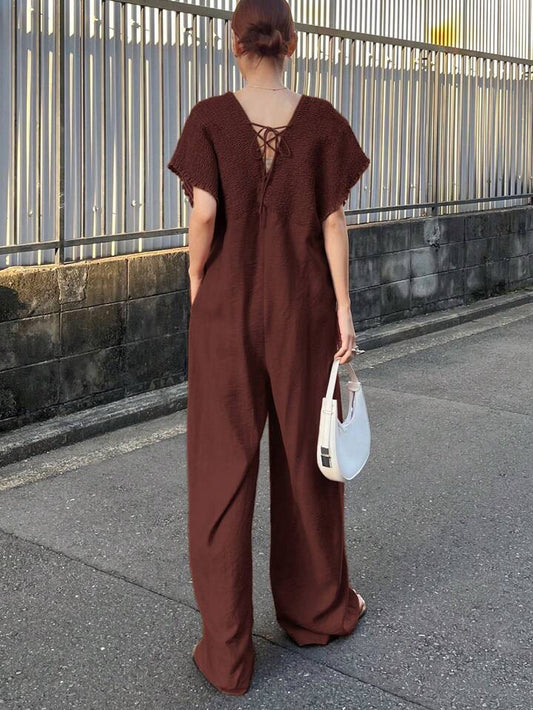 CM-JS624211 Women Trendy Bohemian Style V-Neck With Drawstring Jumpsuit Trousers - Redwood