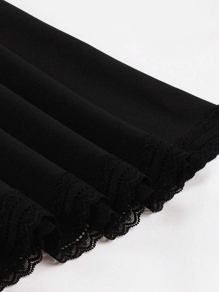 CM-DS187411 Women Elegant European Style Mesh Stitching Short Sleeve Mid-Length Dress - Black