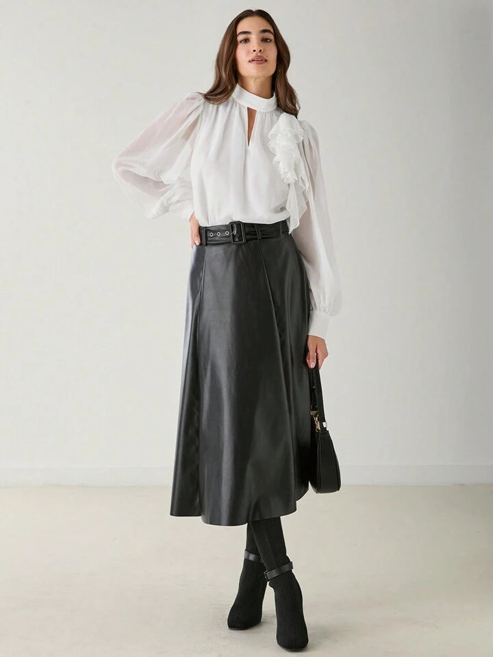 CM-TS119112 Women Elegant Seoul Style Stand Collar Long Sleeve Ruffle Trim 3D Floral Blouse - White