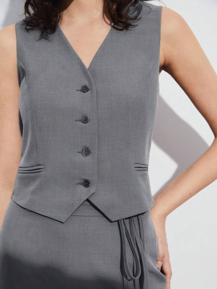 CM-SS116177 Women Elegant Seoul Style V-Neck Single-Breasted Suit Vest With Skirt Suit - Light Gray