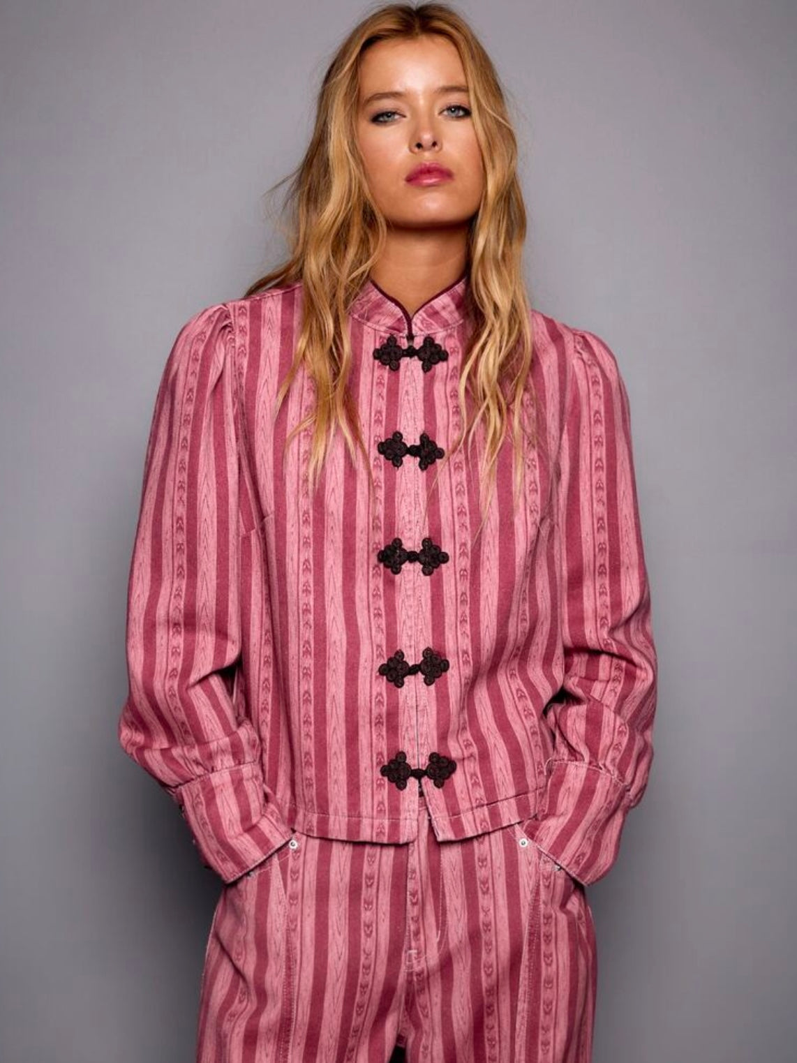 CM-CS287781 Women Elegant Seoul Style Stand Collar Short Sleeve Button Front Striped Jacket - Hot Pink