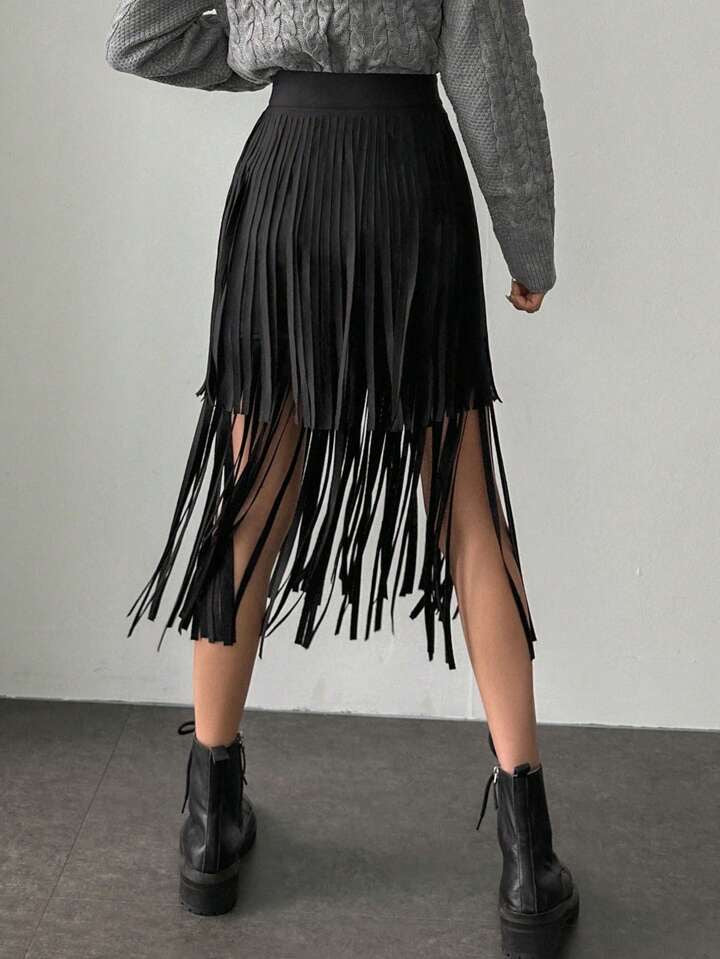 CM-BS128411 Women Casual Seoul Style Asymmetrical Patchwork Fringe Skirt - Black