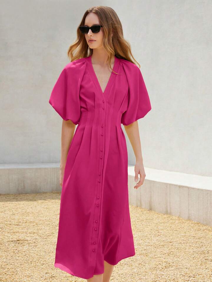 CM-DS242766 Women Elegant Seoul Style Solid Color Chiffon Cinched Waist Puff Sleeve Open Front Long Dress - Purple