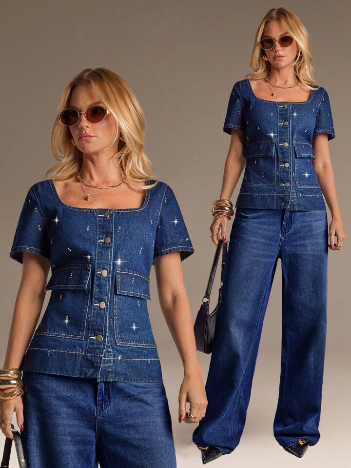 CM-TS718151 Women Casual Seoul Style Collar Neckline Puff Sleeve Single Breasted Denim Top - Blue