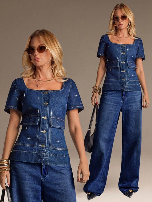 CM-TS718151 Women Casual Seoul Style Collar Neckline Puff Sleeve Single Breasted Denim Top - Blue