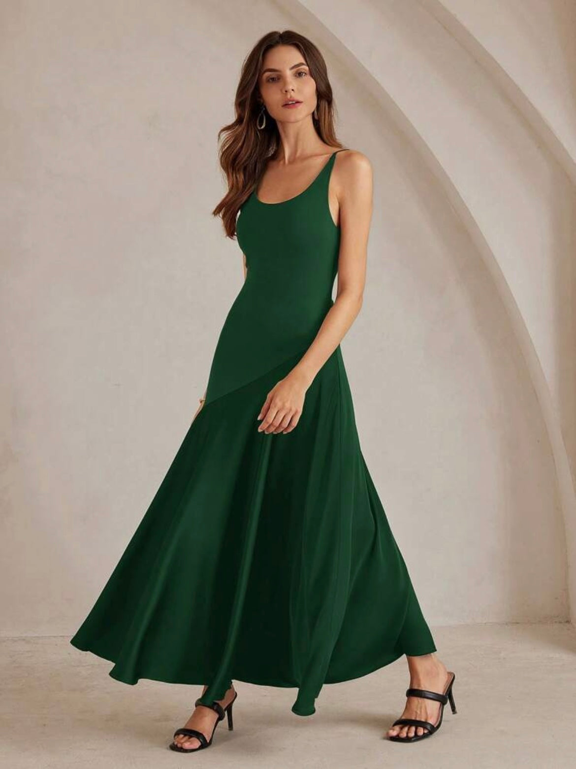 CM-DS289049 Women Elegant Seoul Style Solid Color Minimalist Spaghetti Strap Maxi A-Line Dress - Green