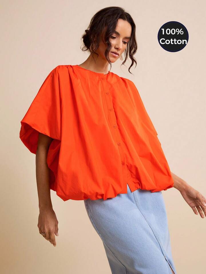 CM-TS752915 Women Casual Seoul Style Loose Cardigan Collar Batwing Sleeve Oversized Shirt - Orange