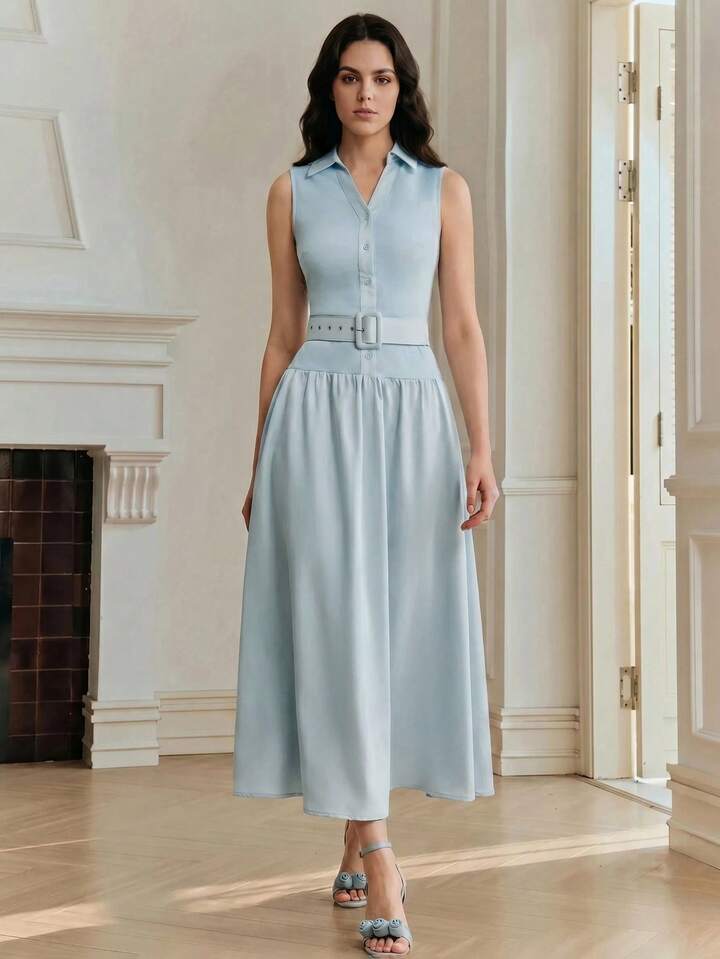 CM-DS178268 Women Elegant Seoul Style Collar Neckline Sleeveless Knitted Ribbed Patchwork Satin Dress - Baby Blue