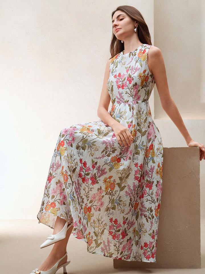 CM-DS288882 Women Elegant Seoul Style High-Quality Round Neck Floral Printed Sleeveless Long Dress