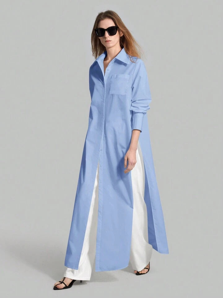 CM-TS815753 Women Casual Seoul Style Shirt Collar Long Sleeve Front Button High Slit Long Shirt - Blue