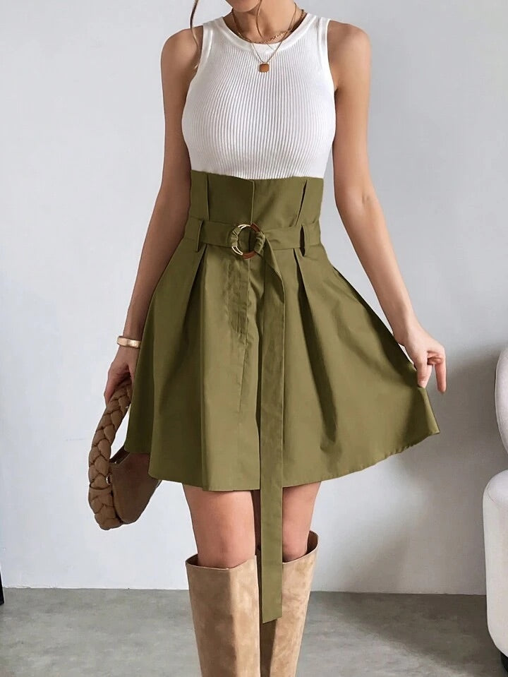 CM-BS083123 Women Casual Seoul Style Two Tone Fold Pleated Detail Belted Skirt