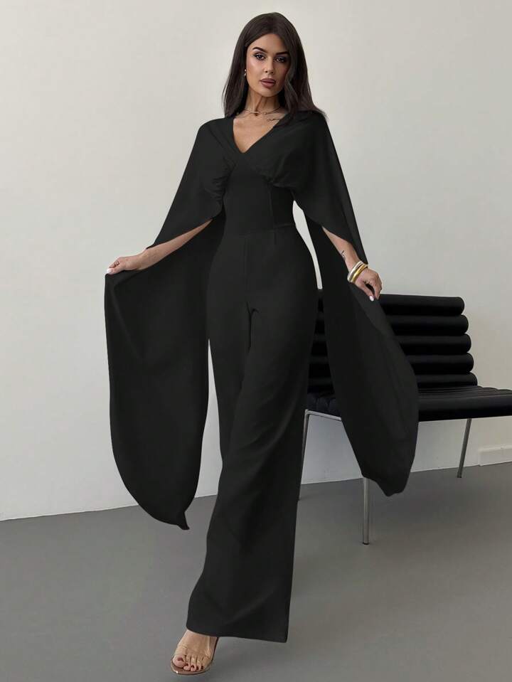 CM-JS483619 Women Elegant Seoul Style V-Neck Cape Extra Long Sleeves Waist Tie A-Line Wide Leg Jumpsuit - Black