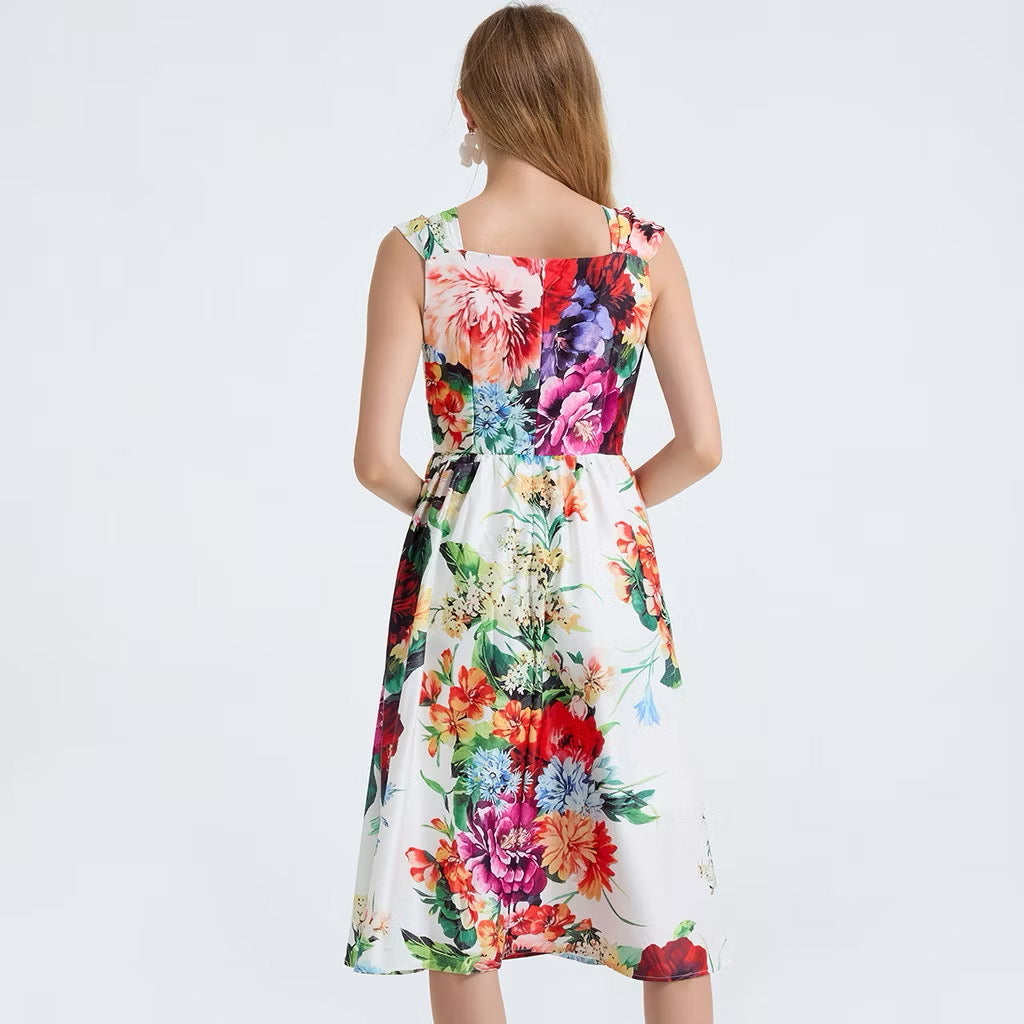 CM-DY053340 Women Elegant European Style High Waist Square Collar Sleeveless A-Line Midi Dress
