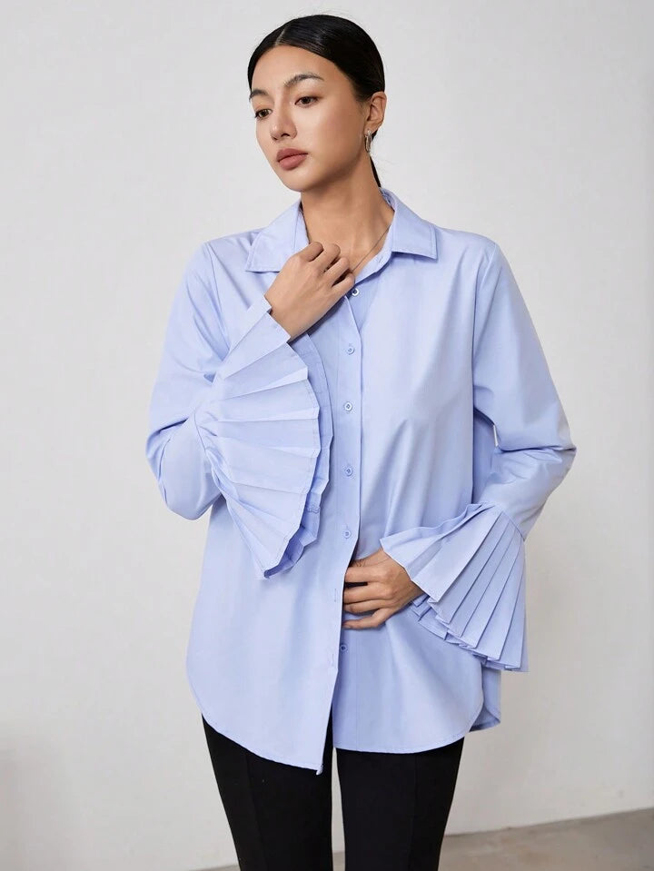 CM-TS093158 Women Casual Seoul Style Collar Neckline Asymmetrical Ruffled Cuffs Shirt - Blue