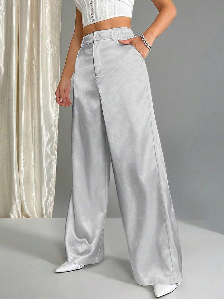 CM-BS678641 Women Casual Seoul Style Satin Elastic Waist Wide Leg Palazzo Pants - Light Gray