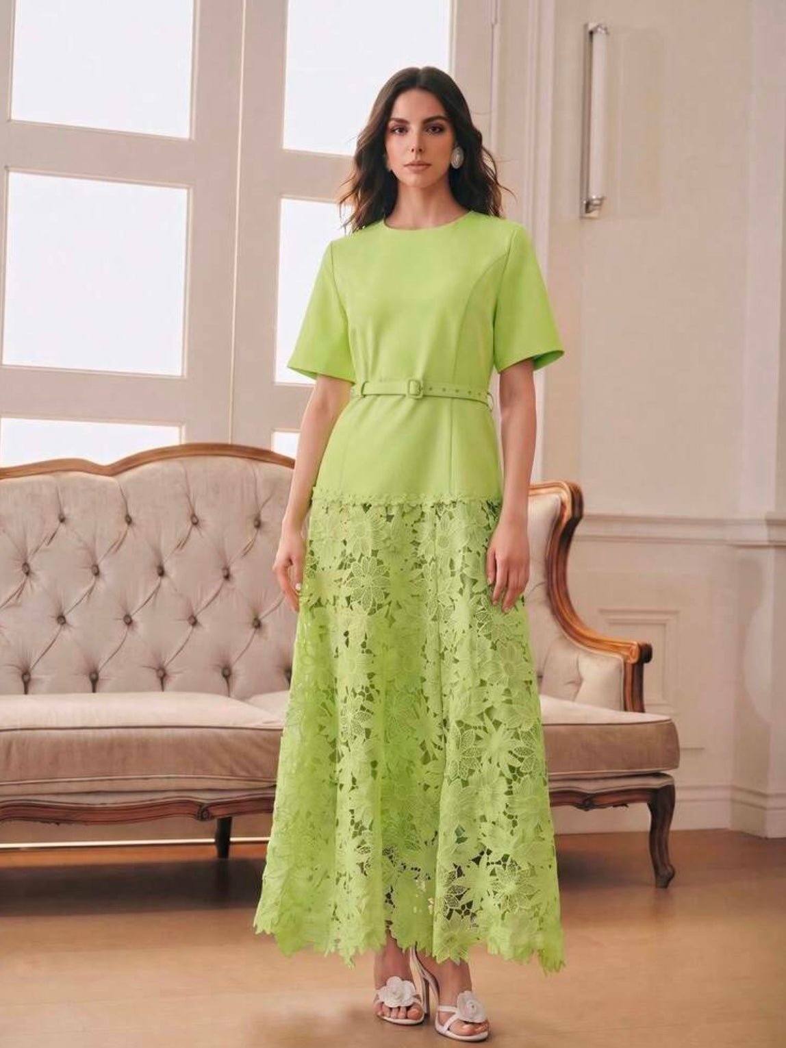 CM-DS406854 Women Elegant Seoul Style Round Neck Short Sleeve Water-Soluble Lace Patchwork A-Line Dress - Green