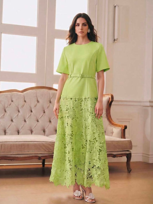 CM-DS406854 Women Elegant Seoul Style Round Neck Short Sleeve Water-Soluble Lace Patchwork A-Line Dress - Green