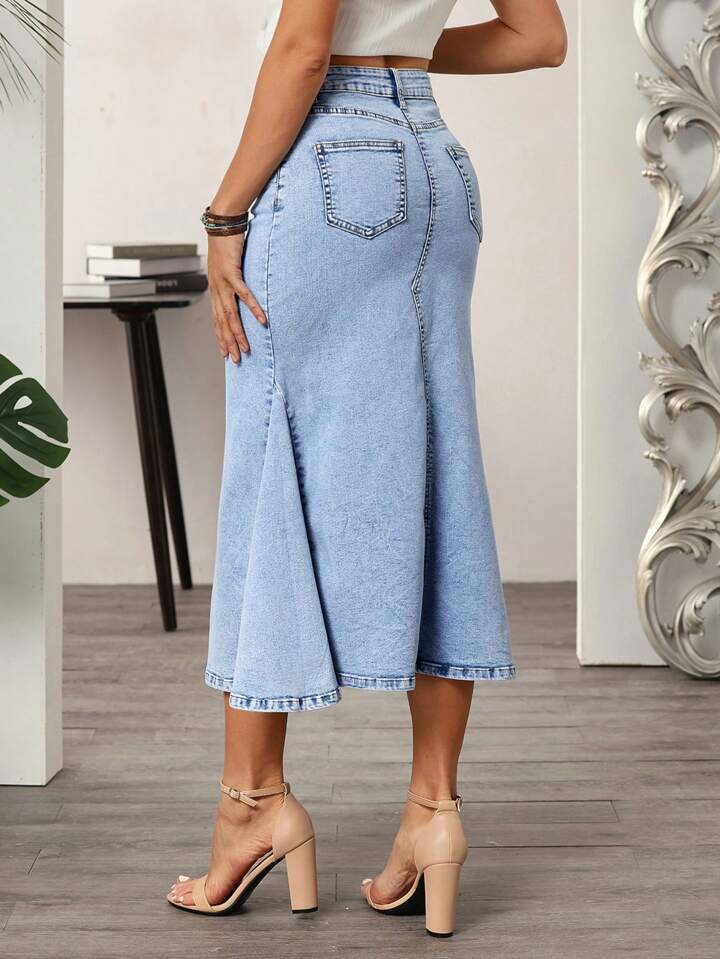 CM-BS277461 Women Casual Seoul Style Washed Slit Mermaid Hem Denim Skirt - Blue