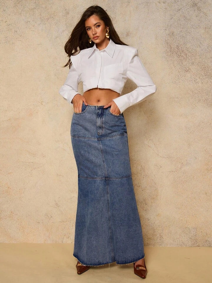 CM-BS139511 Women Casual Seoul Style Dark Wash High Waist Mermaid Hem A-Line Maxi Denim Skirt