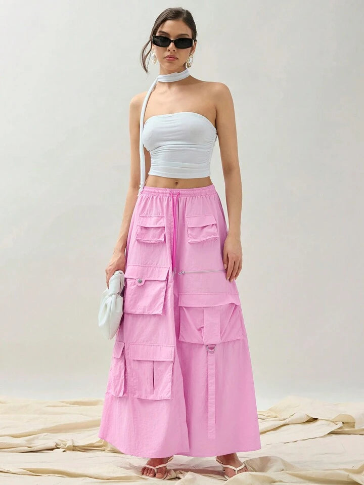 CM-BS691073 Women Casual Seoul Style Solid Color Drawstring Waist Pocketed Split Hem Skirt