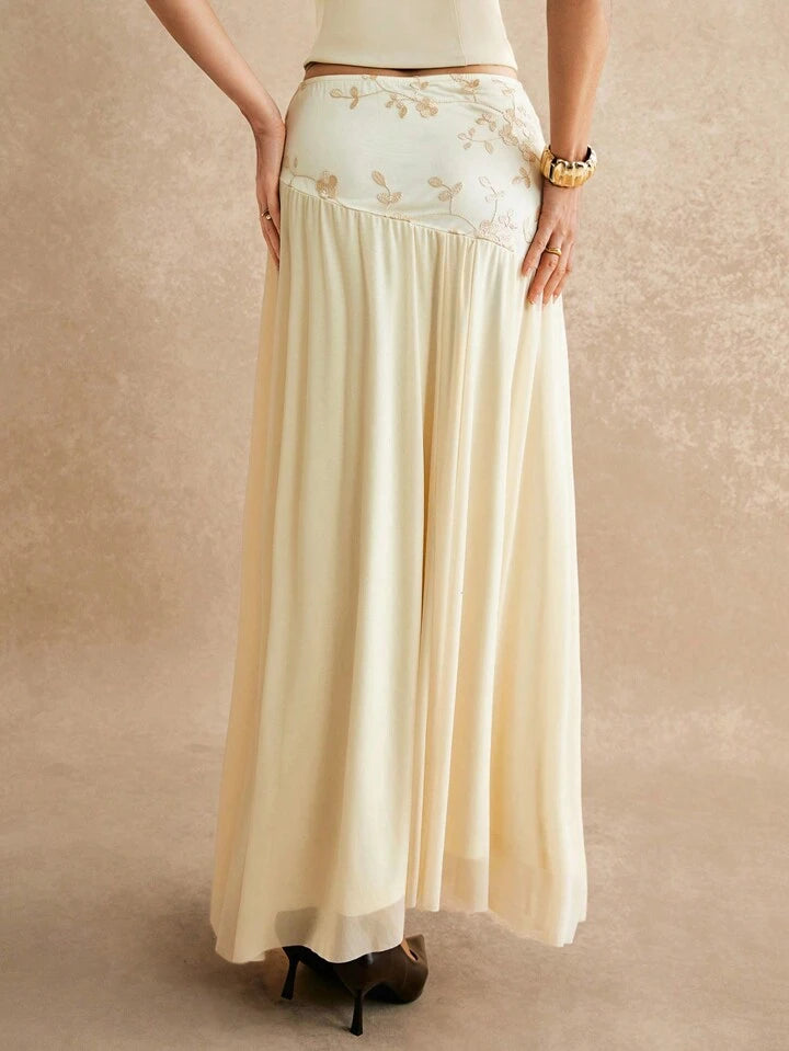 CM-BS131274 Women Elegant Seoul Style High Waist Floral Embroidery Pleated A-Line Skirt - Apricot