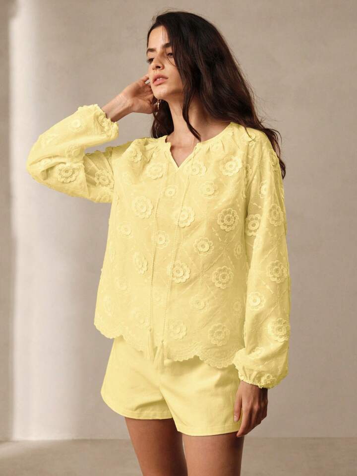 CM-TS767445 Women Trendy Bohemian Style V-Neck Tie Front Long Sleeve Floral Print Shirt - Yellow