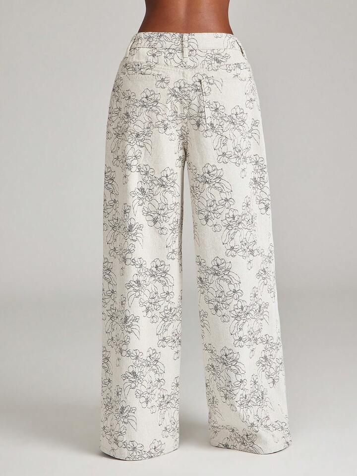 CM-BS532226 Women Casual Seoul Style High Waist Jacquard Floral Print Wide-Leg Jeans