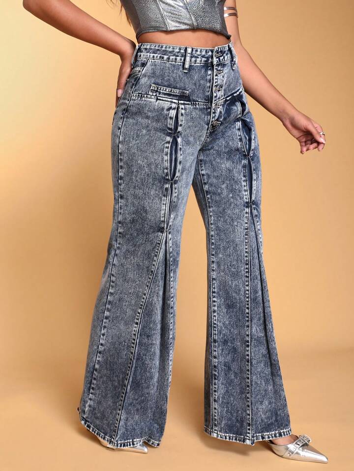 CM-BS039119 Women Casual Seoul Style High Waist Button Front Extra Long Flared Jeans
