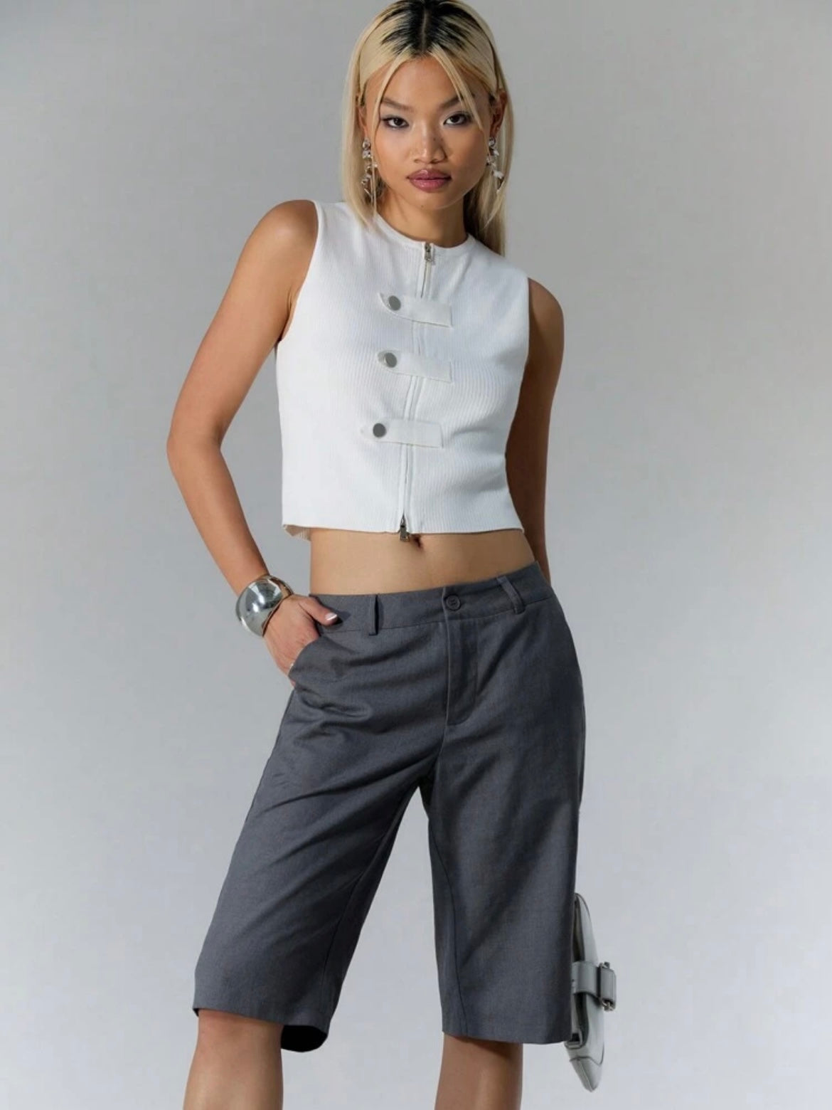 CM-BS189787 Women Casual Seoul Style Drop Waist Woven Tailored Longline Shorts - Gray