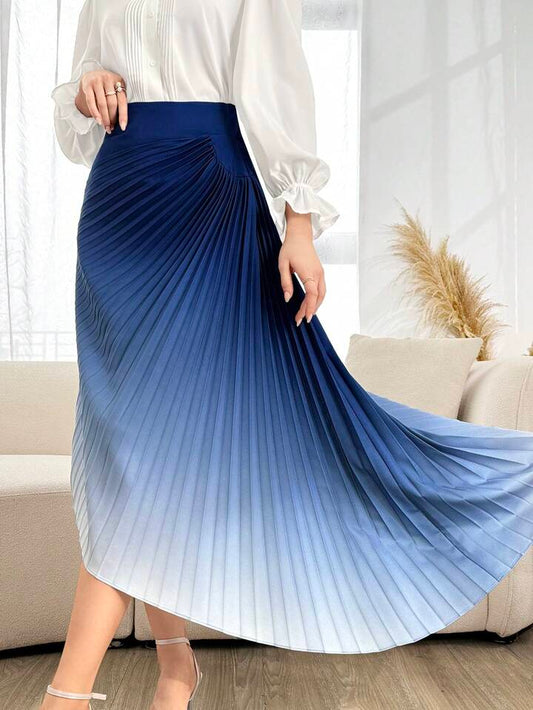 CM-BS558676 Women Elegant Seoul Style High Waist Gradient Color Pleated Skirt - Blue