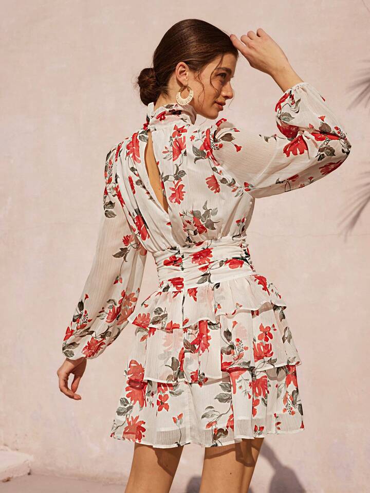 CM-DS030559 Women Casual Seoul Style Round Neck Puff Sleeve Colorblock Floral Print Layered Mini Dress
