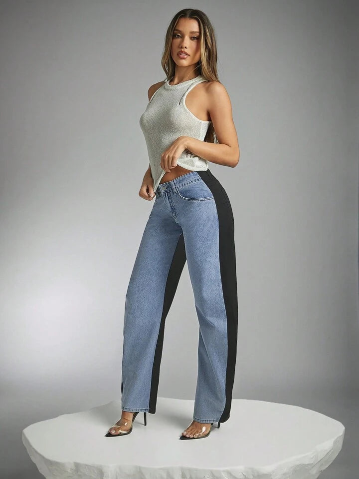 CM-BS471070 Women Casual Seoul Style Two-Tone Contrast-Color Pocket Denim Straight Leg Jeans