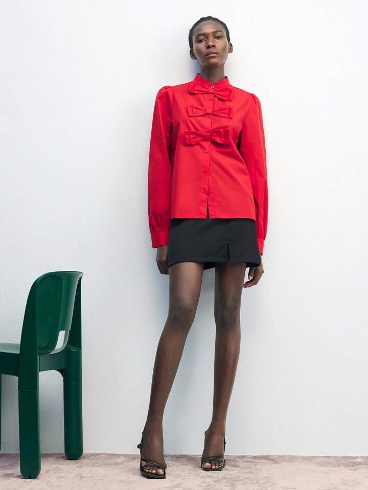 CM-TS178815 Women Elegant Seoul Style Bow Decor Shirt Collar Button-Up Long Sleeve Blouse - Red
