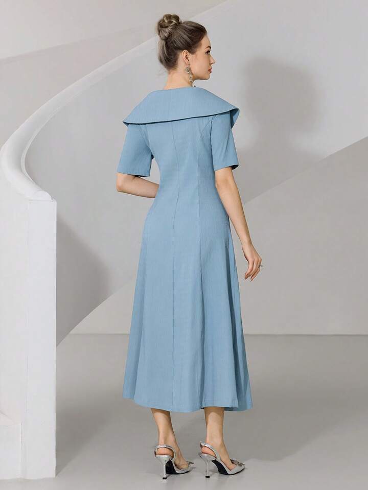 CM-DS665616 Women Elegant Seoul Style Solid Color Lapel Neckline Double-Breasted Short Sleeve Long Dress - Blue