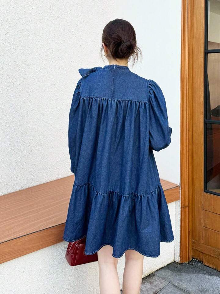 CM-DS154165 Women Elegant Seoul Style Medium Wash Bow Tie Lantern Sleeve Oversized Babydoll Denim Dress
