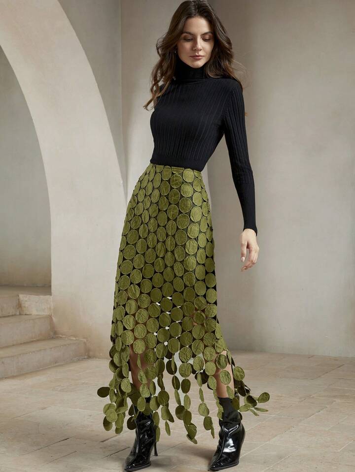 CM-BS505600 Women Trendy Bohemian Style Laser Cut Multi Circle Double Layered Maxi Skirt - Olive Green