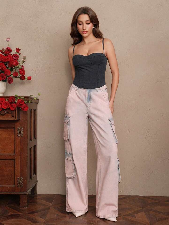 CM-BS445459 Women Casual Seoul Style Mid Waist Tie Dye Straight-Leg Cargo Jeans - Pink