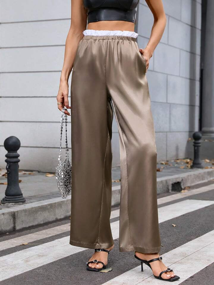 CM-BS166666 Women Elegant Seoul Style Drawstring Waistband Glossy Straight Leg Pants - Khaki