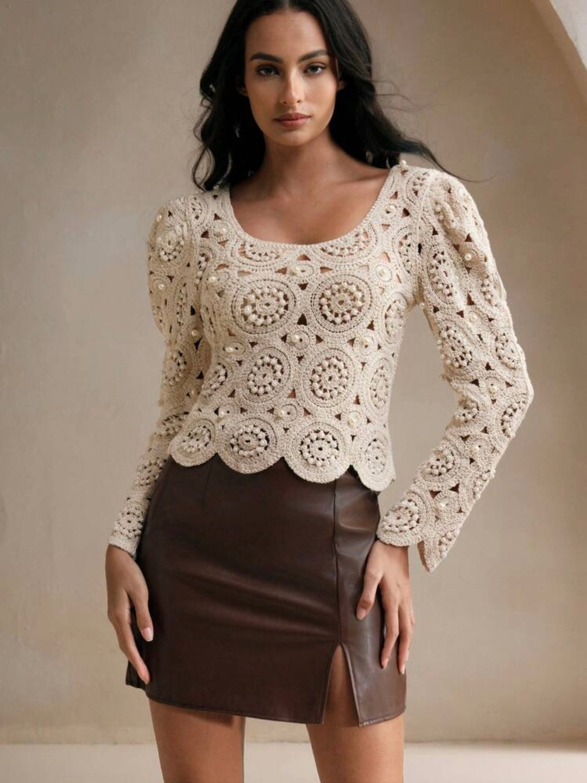 CM-TS061691 Women Elegant Seoul Style Square Neck Hollow Out Lantern Sleeve Blouse - Apricot