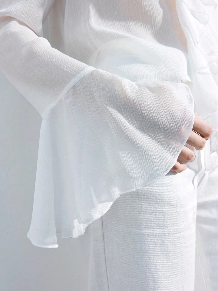 CM-TS244649 Women Casual Seoul Style Solid Color Ruffle Trim Flare Sleeve Blouse - White