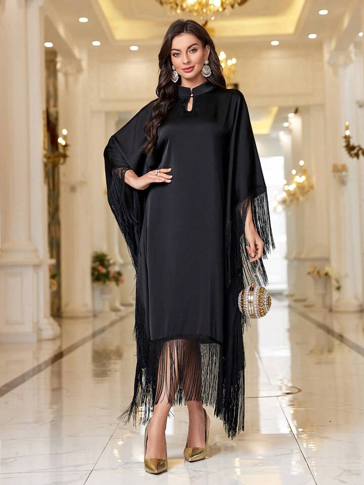 CM-DS970154 Women Elegant Seoul Style Keyhole Neckline Tassel Decor Loose Fit Dress - Black