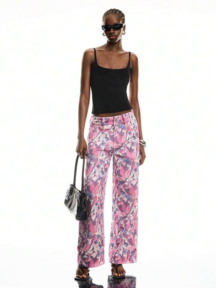 CM-BS369754 Women Casual Seoul Style Low Waist Multicolor All-Over Print Straight Leg Jeans