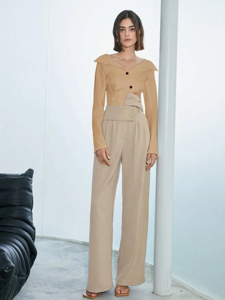 CM-TS767698 Women Elegant Seoul Style V-Neck Solid Color Long Sleeve Shirt - Khaki
