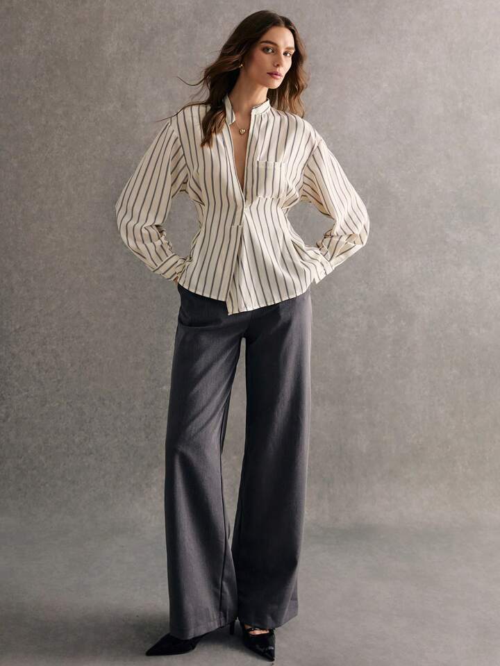 CM-TS659443 Women Casual Seoul Style Striped ShirtV-Neck Long-Sleeved Mid-Length Shirt - Apricot