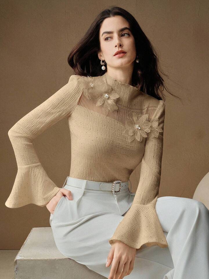 CM-TS240724 Women Elegant Seoul Style Floral Appliques Stand Collar Extra Long Flared Sleeve Blouse - Khaki