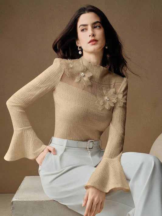 CM-TS240724 Women Elegant Seoul Style Floral Appliques Stand Collar Extra Long Flared Sleeve Blouse - Khaki