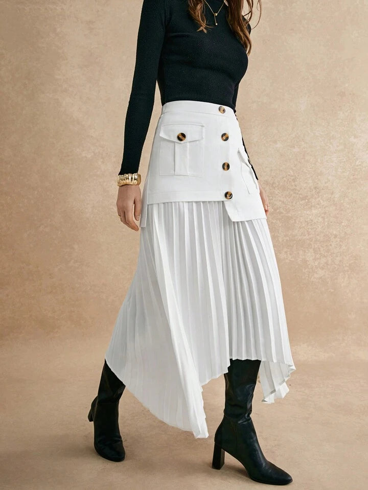 CM-BS110452 Women Elegant Seoul Style Ruched Patchwork Asymmetrical Hem A-Line Skirt - White