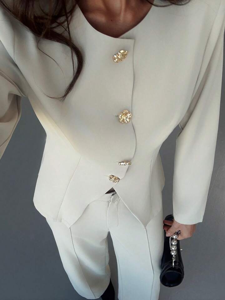 CM-SS011191 Women Elegant Seoul Style Slim Fit Round Neck Long Sleeve Top With Floor-Length Straight Leg Pants - Set