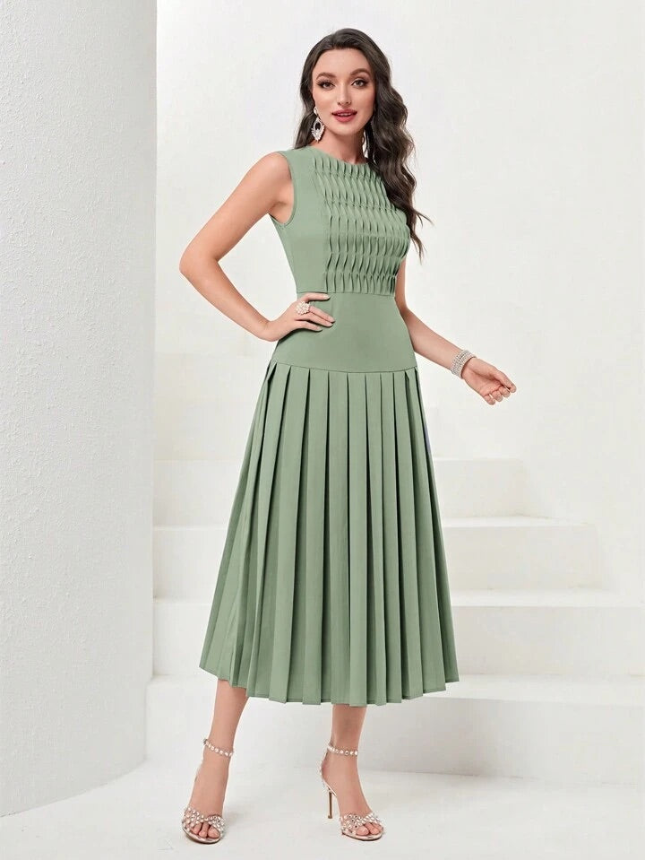 CM-DS782640 Women Elegant Seoul Style Sleeveless Solid Pleated Hem Dress - Green